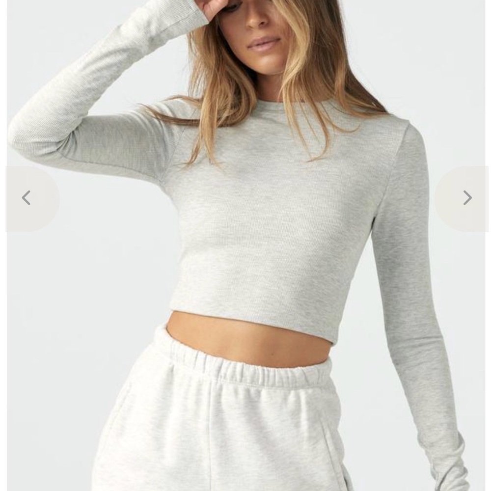 Joah Brown Light Gray Long Sleeve Crop Top